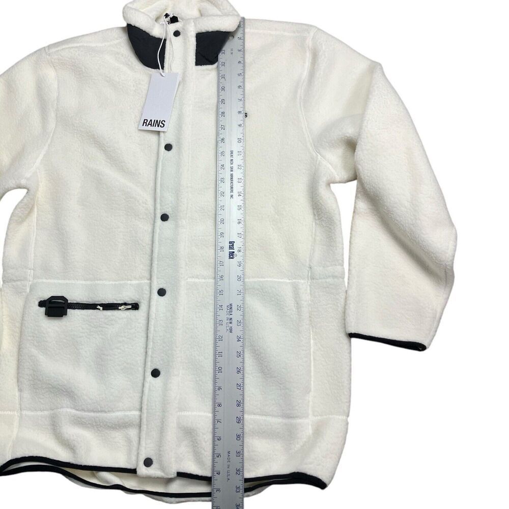 RAINS Heavy Fleece Jacket WMNS XL White Long Snap Button Up Boxy Teddy Fossil - Picture 3 of 13